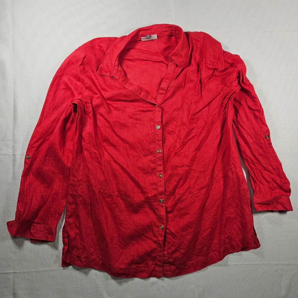 JM Collection Red Linen Button Down Shirt Women's Size 16 Long Sleeve Collared